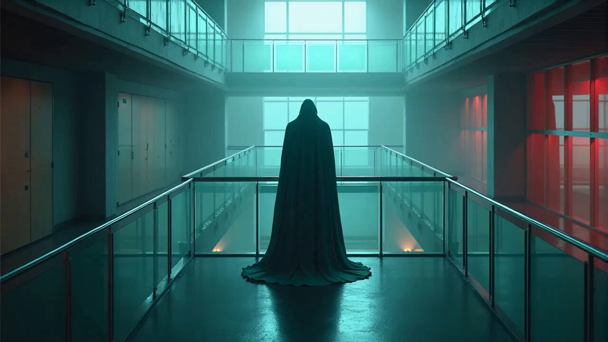The image shows a man standing alone in an empty hallway, wearing a cape that covers his entire body. The hallway appears to be long and narrow with multiple levels, giving the impression of a large building or complex structure. In the background, there are several doors and windows, adding depth to the scene. The caption at the bottom of the image reads "GM Crypto Fam Bitcoin is back at production cost while demand hits its rarest contraction in six years." This suggests that the man's presence in this empty hallway might be related to a recent event or situation involving Bitcoin or cryptocurrency.
