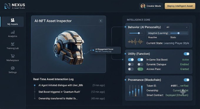 Screenshot of the Nexus AI Asset Studio dashboard displaying an 'AI-NFT Asset Inspector' for a robotic helmet, showing intelligence settings, utility functions, and blockchain provenance.