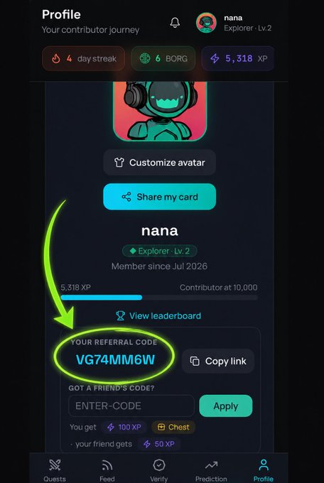 A user profile screen for 'nana' showing 5,318 XP and an Explorer Lv. 2 status, with a green arrow pointing to the referral code 'VG74MM6W'.