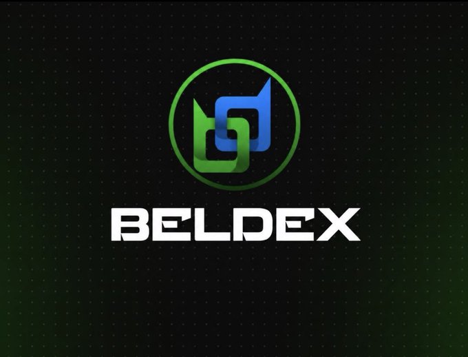 The Beldex cryptocurrency logo displayed on a dark green background, featuring a circular green and blue emblem above the word 'BELDEX'.