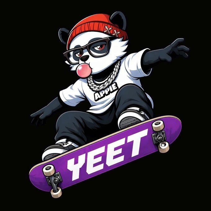 A cartoon panda character wearing a red beanie, glasses, and a shirt reading 'APPIE' rides a purple skateboard displaying the word 'YEET' against a black background.