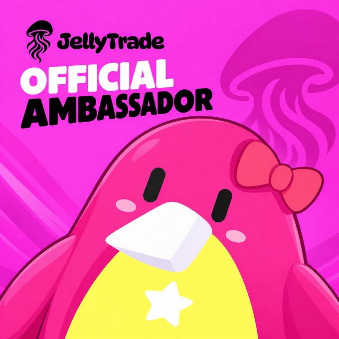 A vibrant pink graphic featuring a cartoon pink penguin-like character with a bow, branded 'JellyTrade OFFICIAL AMBASSADOR'.