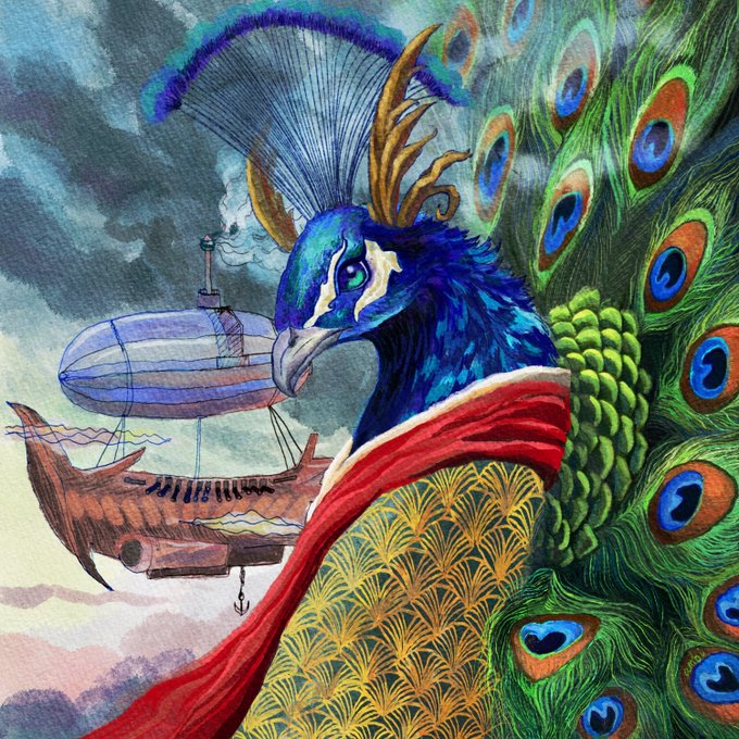 A vibrant, detailed fantasy illustration of a peacock-headed figure with golden antlers and flowing red fabric, set against a sky with an airship and a wooden ship in the background.