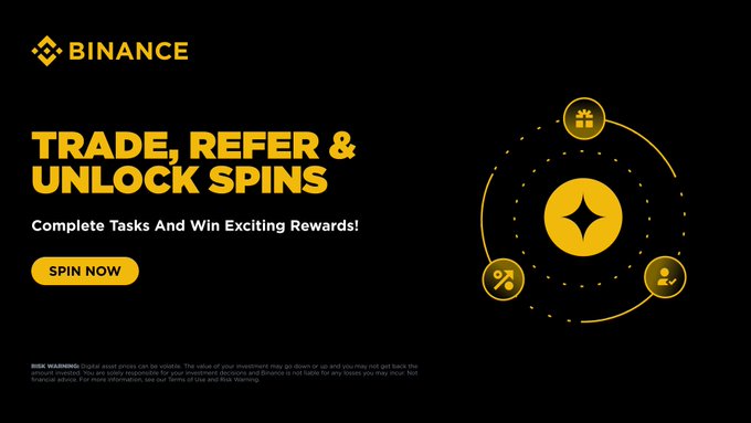 Binance promotional banner with "TRADE, REFER & UNLOCK SPINS" text and a "SPIN NOW" call-to-action featuring gift, percentage, and user icons.