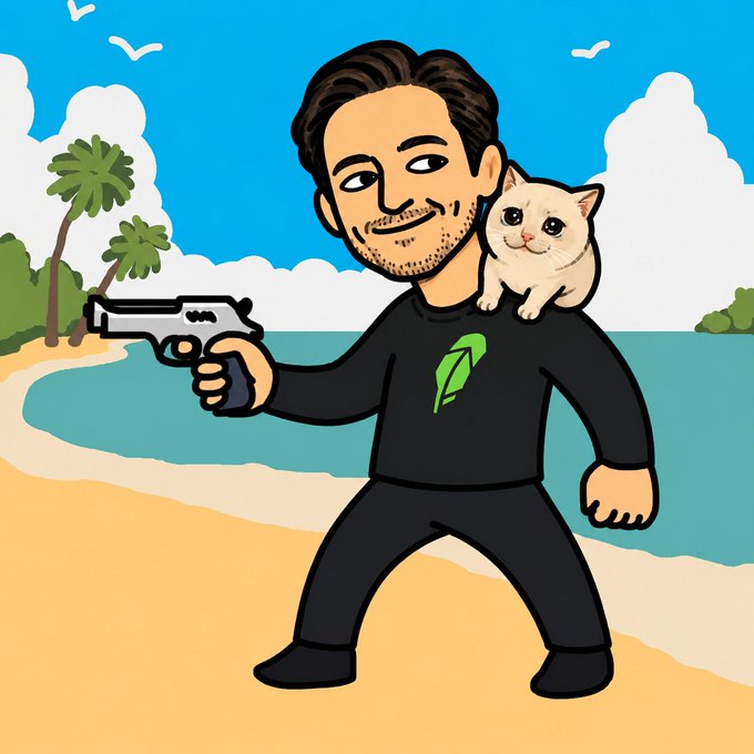 A cartoon-style avatar of a man with a beard holding a pistol on a beach with a cat on his shoulder, wearing a black shirt with a green logo.