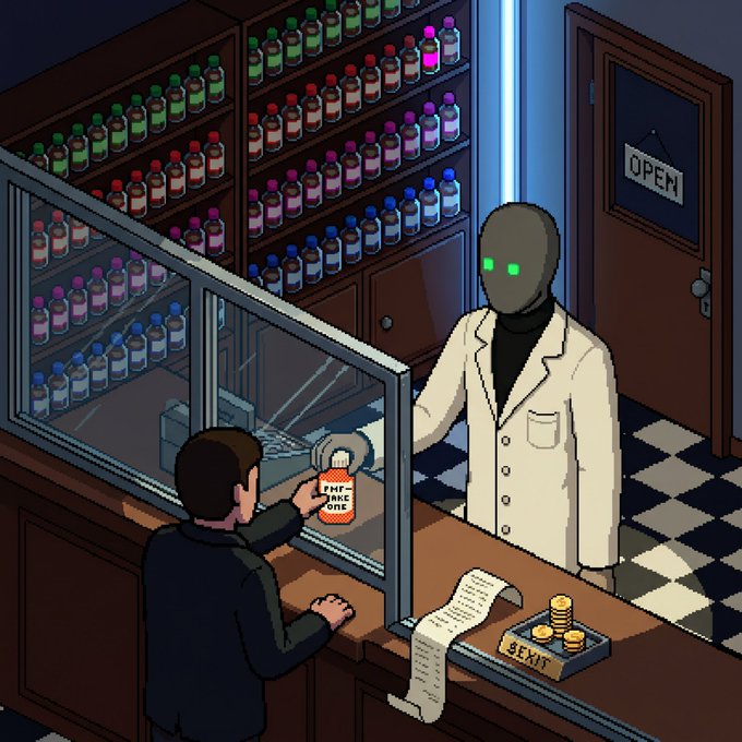 A pixel art illustration showing a person at a counter receiving an orange 'PMF TAKE ONE' ticket from a robot in a lab coat, with shelves of colored bottles and an 'OPEN' sign on the door.