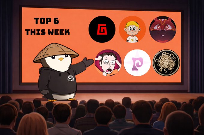 A penguin mascot wearing a traditional conical hat presents on a stage to an audience, with a screen behind displaying "TOP 6 THIS WEEK" alongside six circular icons representing the featured NFT projects (@TheGodPull, @wacky_ville, @BubbleBunsHQ, @ptsdshow, @pyopyopyo410, and @theiconsart), visually highlighting the weekly top picks with their respective creators.