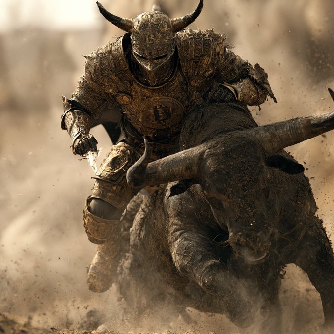 A knight wearing ornate golden armor with a Bitcoin logo on the chest plate and horned helmet rides a charging bull through a dusty battlefield.
