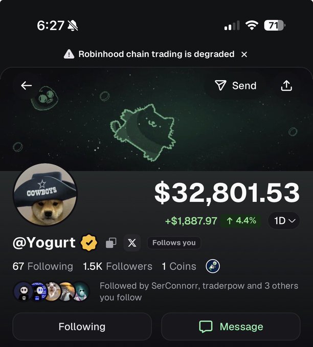 A Robinhood Crypto profile screenshot for user "@Yogurt" displaying a portfolio value of $32,801.53 (+$1,887.97, 4.4% gain over 1D), with 1.5K followers and a profile pic of a Shiba Inu dog wearing a "Cowboys" hat, accompanied by an "X" badge and a note that the account "Follows you," supporting the post's praise of the user as a "menace on chain."