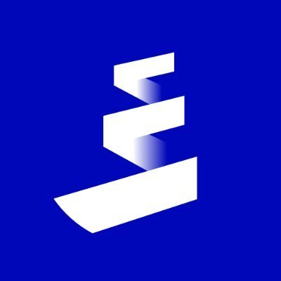 A minimalist logo featuring a white, stylized number '3' or 'E' shape on a solid blue background.