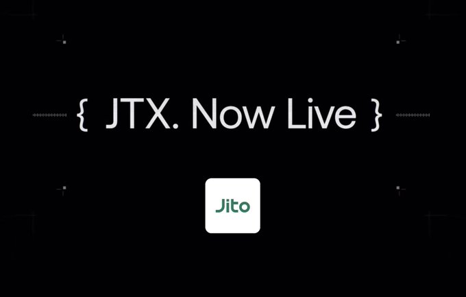 A dark promotional graphic with the text '{ JTX. Now Live }' and the Jito logo, indicating that Jito transactions are now active.