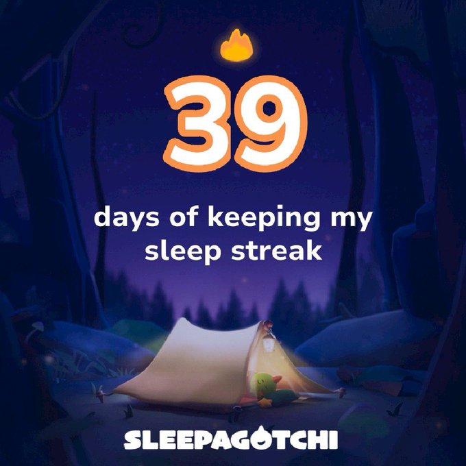 Sleepagotchi app screenshot celebrating '39 days of keeping my sleep streak' with a campfire animation in a nighttime forest scene.