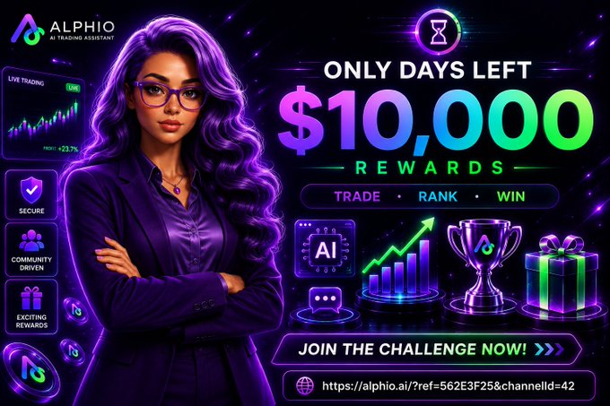 A promotional graphic for 'ALPHIO AI TRADING ASSISTANT' featuring a woman with purple hair and glasses, advertising '$10,000 REWARDS' and 'TRADE · RANK · WIN' with a URL 'https://alphio.ai/?ref=562E3F25&channelid=42'.