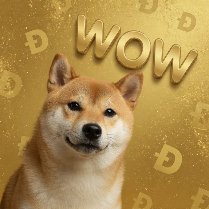 A Shiba Inu dog appears against a gold background filled with Dogecoin (Ð) symbols, with the word "WOW" displayed prominently in gold lettering—iconic imagery from the Dogecoin community that reinforces the post's message of steadfast loyalty to $DOGE.