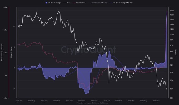 The image is a CryptoQuant chart tracking Bitcoin whale activity and price from July 2025 to June 2026, displaying metrics including 30-day % change, price, total balance, and SMA(30). The chart shows the price ranging between approximately $60K-$130K alongside the total whale balance (measured in # of Bitcoin) and a recent dramatic spike in the 30-day % change, visually supporting the post's claim of record-breaking whale accumulation around the $59K price level.