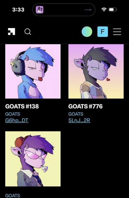 A mobile app screen displaying a grid of character profile cards under the collection name GOATS, specifically showing NFT items 'GOATS #138' and 'GOATS #776'.