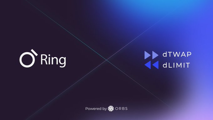 A dark blue promotional graphic for 'O-Ring' by ORBS, advertising features 'dTWAP' and 'dLIMIT' with a 'Powered by ORBS' label at the bottom.