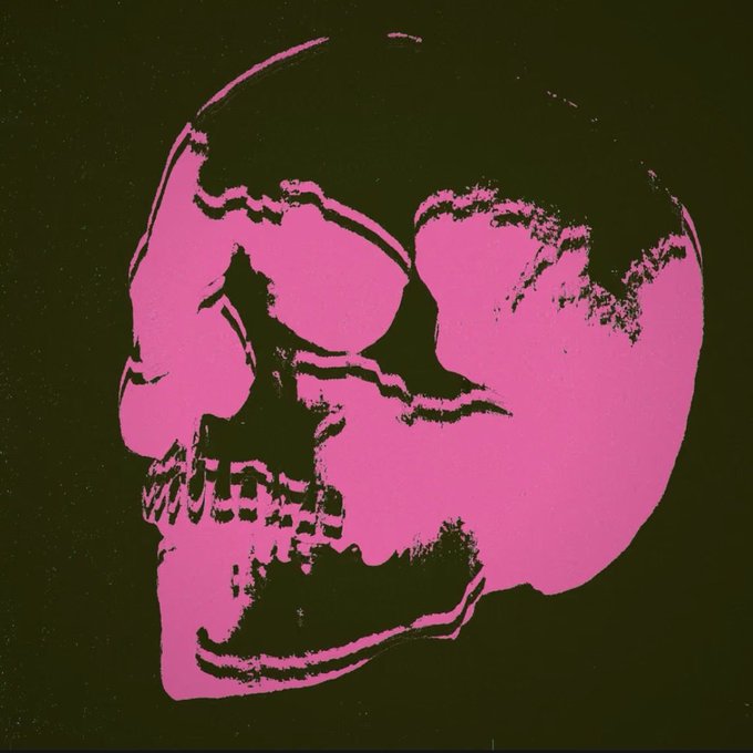 A pop-art style image of a human skull rendered in bright pink and black against a dark background.