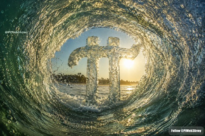 An artistic photograph showing a Bitcoin symbol made of water, with two human figures standing within it, viewed through a swirling ocean wave at sunset.