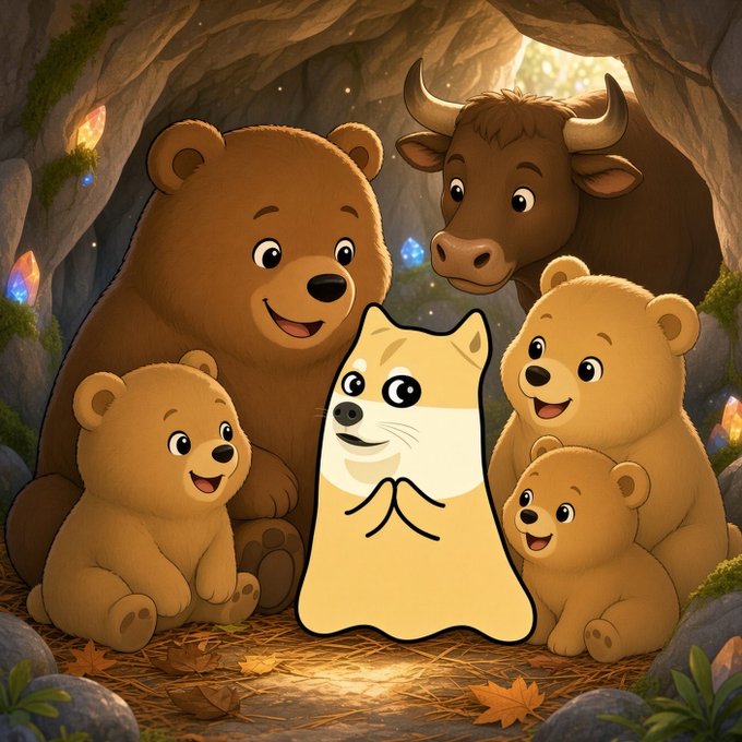 An animated illustration of a dog-like character (Cheems) with hands clasped in prayer, surrounded by bears and a bull in a cave with glowing crystals.