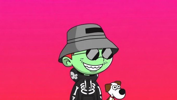 A cartoon illustration with a bright pink background featuring a green-skinned character wearing a gray bucket hat, sunglasses, and a black hoodie, accompanied by a small white dog.