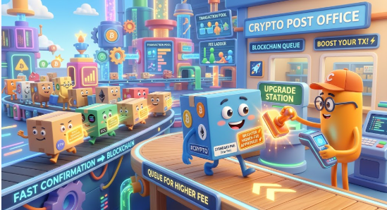 A colorful cartoon illustration of a crypto-themed post office featuring anthropomorphic packages, blockchain queues, and signs reading 'CRYPTO POST OFFICE', 'BLOCKCHAIN QUEUE', and 'BOOST YOUR TXI'.