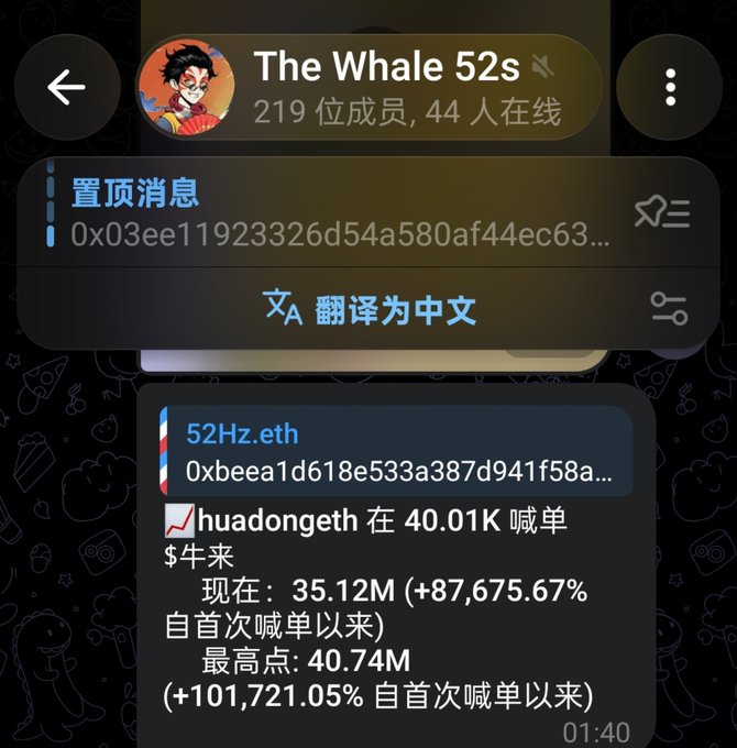 A Telegram group screenshot from "The Whale" showing a pinned message for 0x03ee... along with a chat message from 52Hz.eth detailing that huadongeth placed a bid (喊单) on $牛来 (niulai) token at 40.01K, now sitting at 35.12M (+87,675.67%) with a high of 40.74M (+101,721.05%), matching the post's excitement about the token's thousand-fold gains.