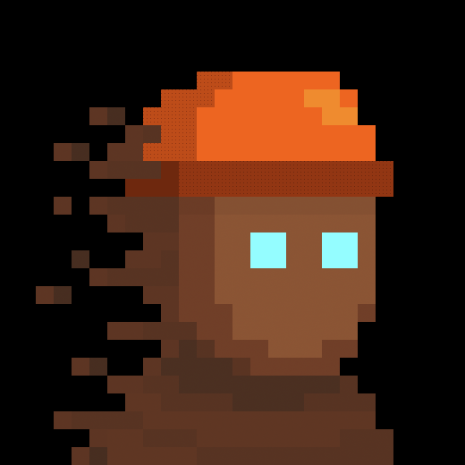 A pixel art illustration depicts a brown, glowing-eyed character wearing an orange hat, with its body appearing to dissolve into floating pixels on the left.