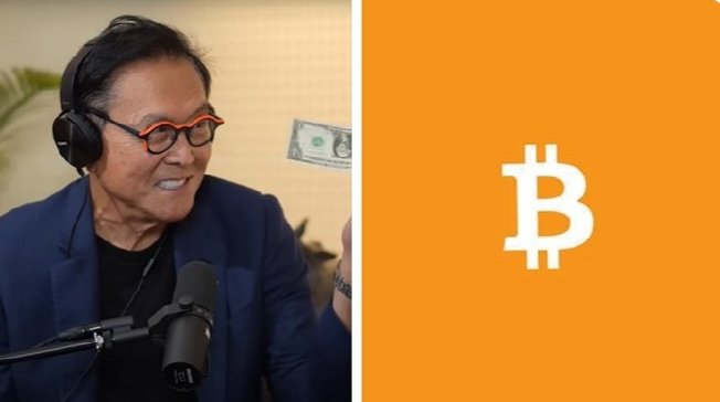 Robert Kiyosaki, wearing headphones and orange-rimmed glasses, smiles during a podcast interview beside an image featuring a floating dollar bill and the Bitcoin (₿) logo, visually reinforcing his prediction that even small amounts of Bitcoin could become "priceless" within the next two years.
