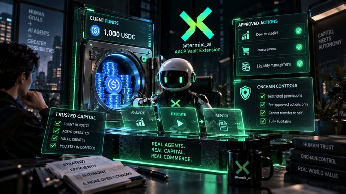 A futuristic scene showing the @termix_ai AACP Vault Extension with a robot analyzing client funds of 1,000 USDC, highlighting trusted capital, approved actions, and onchain controls.