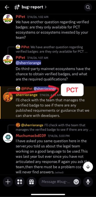 A screenshot of a Discord chat in the #bug-report channel shows users PiPet and sherriorange discussing verified badges, with the text "PCT" highlighted in a callout box. The conversation asks whether third-party mainnet ecosystems can receive verified badges and whether they must meet certain requirements, which aligns with the post's explanation that only ecosystems tied to PCT have obtained certification badges so far.