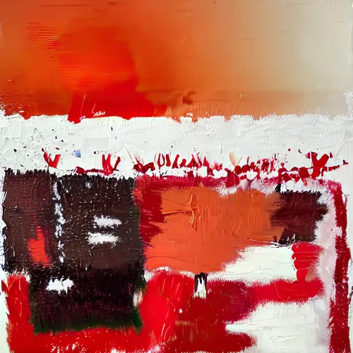 An abstract painting features thick, textured brushstrokes in bold shades of red, orange, white, and dark brown.