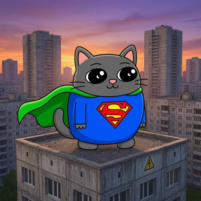 A cartoon gray cat dressed as Superman with the iconic "S" shield and green cape stands atop a city rooftop at sunset, symbolizing heroic strength and bullish power for the $SMOLCAT token.