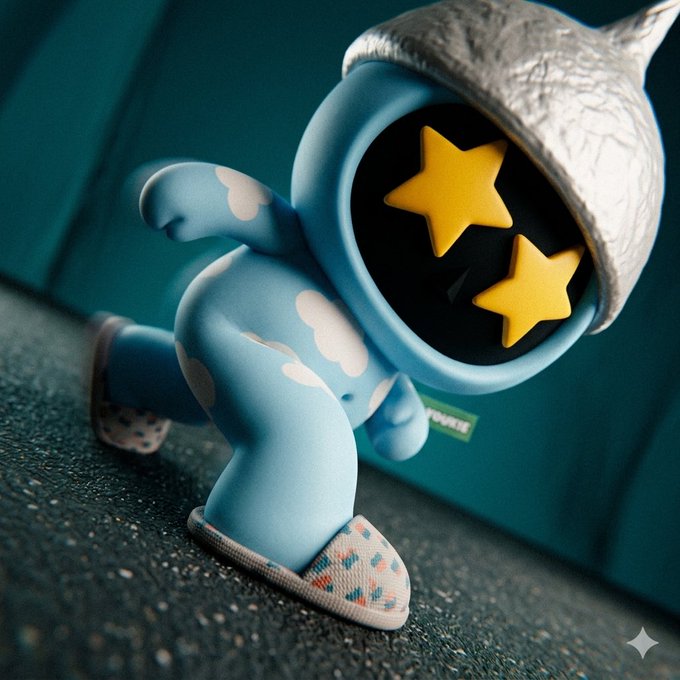 A 3D-rendered figurine of a light blue character with star-shaped eyes wearing a shark-like hat and colorful sneakers, posed in a dynamic running stance.