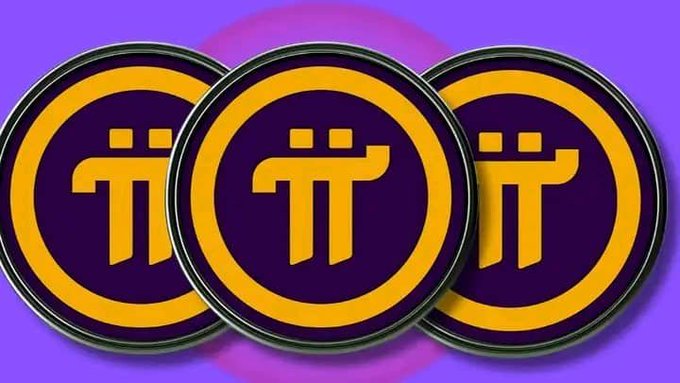Three purple and gold Pi Network (Pi cryptocurrency) coins overlap against a purple background.