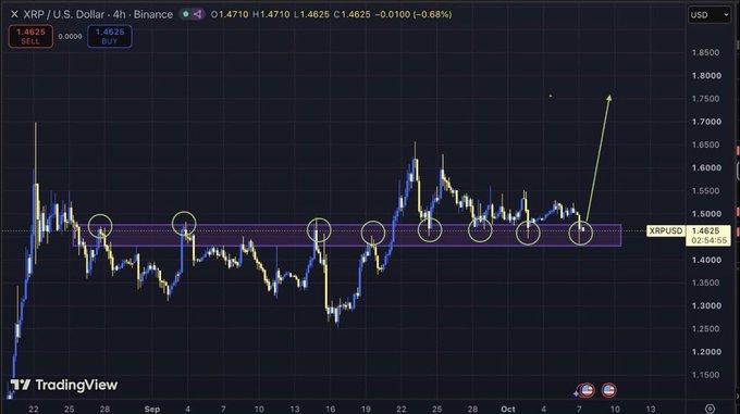 A TradingView 4-hour candlestick chart for XRP/USD on Binance trading at 1.4625, showing technical analysis with circled points along a horizontal support zone.