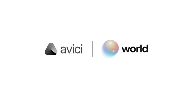 The image displays the logos for "avici" and "world" side by side, representing the acquisition announcement of World (formerly Worldcoin) by Avici, with the post indicating the handle was acquired and plans to migrate the project back to Solana.