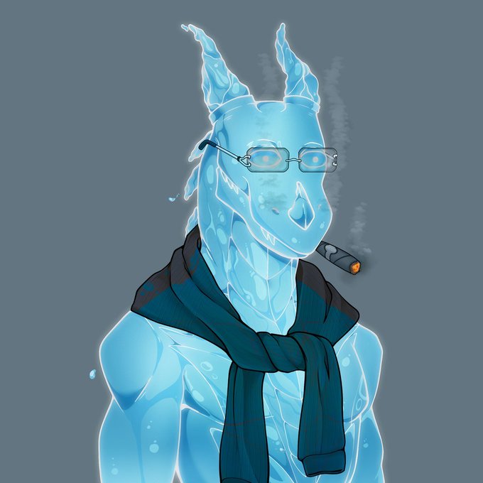 A digital illustration of an anthropomorphic ice dragon character with glasses and a dark blue scarf, smoking a cigarette against a gray background.