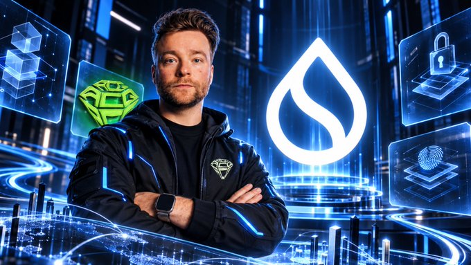 A man wearing a jacket with a diamond logo stands confidently in front of a futuristic digital backdrop featuring the glowing Sui Network droplet logo, flanked by icons of a green diamond, a padlock, and a fingerprint—symbolizing security and tech infrastructure—aligning with the post's announcement of uncovering "$SUI alpha" during research on Sui Network's blockchain stack.