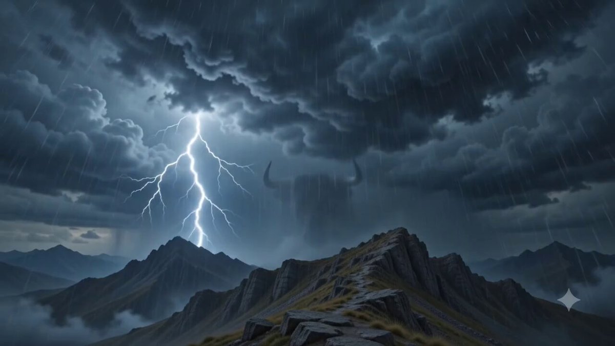 "Bull's Arrival: A Storm of Opportunity" is a painting that depicts a stormy mountain landscape with lightning bolts, including one close up of a bull's head. The artist has used a dark color palette for the sky and mountains, creating an ominous atmosphere. The image also includes a caption about a bull appearing in the scene, suggesting that it might be a symbolic representation or a warning sign related to the stormy weather conditions depicted in the painting.