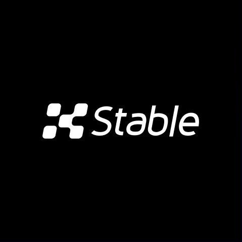A minimalist logo on a black background featuring a white geometric icon next to the text 'Stable'.