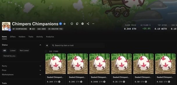 A screenshot of an NFT marketplace listing for 'Chimpers Chimpanions' shows six 'Sealed Chimpan...' items with floor prices ranging from 0.344 ETH to 0.532 ETH.