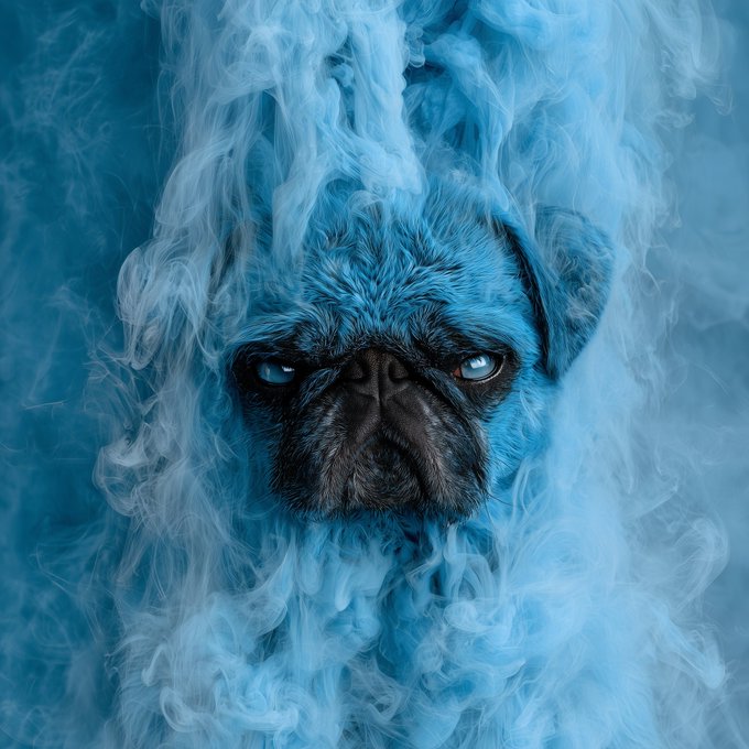 An artistic portrait of a pug's face tinted blue, emerging dramatically from swirling blue smoke.