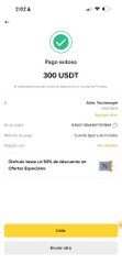 A screenshot of a Binance payment confirmation page showing a successful transfer of 300 USDT to user "Aleix Teixéper" with a transaction timestamp and a 10% discount offer at the bottom. This relates to the donation post by showing the successful USDT cryptocurrency donation being sent to help purchase and ship supplies to Venezuela.