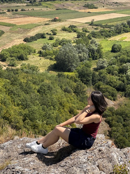 A woman sits on a rocky outcrop, gazing out over a lush valley of green fields and trees, embodying a peaceful "gm" moment inspired by "green candles therapy." The verdant landscape mirrors the uplifting green market sentiment.
