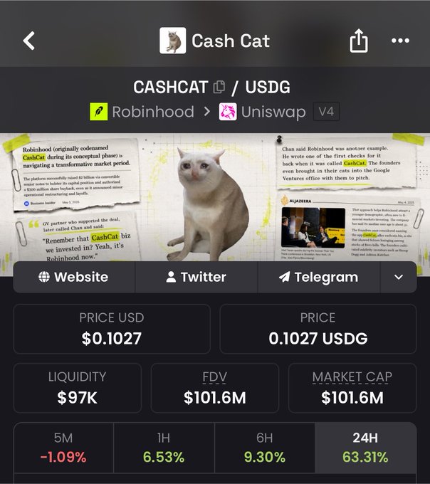 A screenshot of the Cash Cat (CASHCAT) token page showing a price of $0.1027 USD, a market cap of $101.6M, liquidity of $97K, and a 24-hour gain of 63.31%, with memes referencing Robinhood's "CashCat" nickname and a cat photo in the center—capturing the celebratory "mission done" milestone the post is marking.