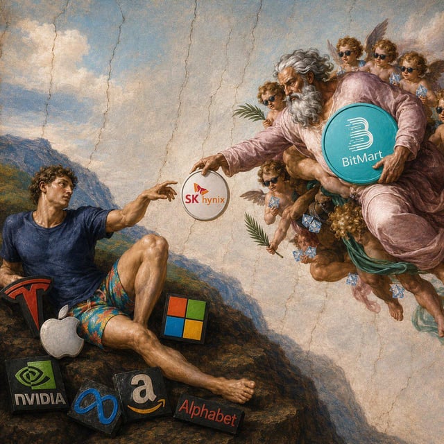 A digital edit of Michelangelo's 'The Creation of Adam' replaces the hand-to-hand gesture with tech company logos including Tesla, Apple, Microsoft, NVIDIA, Meta, Amazon, Alphabet, SK Hynix, and BitMart.