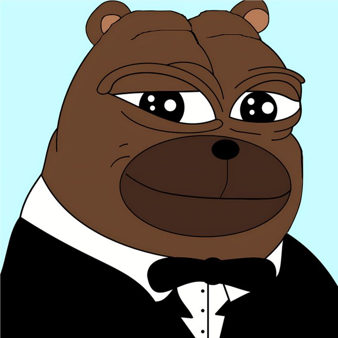 A cartoon illustration of a brown bear with large eyes wearing a black tuxedo with a white shirt and black bowtie, set against a light blue background.