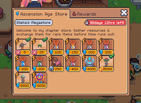 A pixel art game store interface called 'Ascension Age Store - Stella's Megastore' with 90 days 12 hours left, displaying various items purchasable with currency from 5 to 9000.