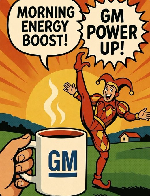 The image features a cartoon clown holding a cup of coffee, with a text overlay promoting GM energy boost. The background shows a sunset over a field, adding a whimsical touch to the scene. The text "g/m -x Years ago, cloud computing felt impossible. Today it's normal." suggests that the post is related to the concept of GM energy boosting and its potential impact on the future.